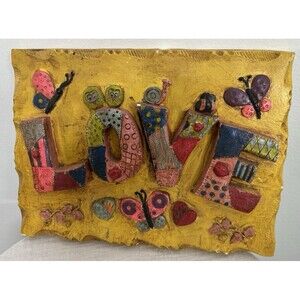 Vtg 1973 Chalkware LOVE Wall Plaque Butterfly Snail Yellow Boho Decor Signed MCM